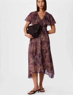 Leopard Print Cape Sleeve Midi Tea Dress