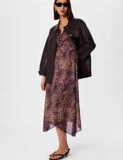 Leopard Print Cape Sleeve Midi Tea Dress