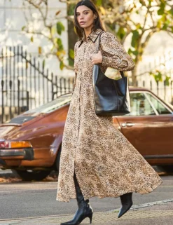 Leopard Print Collared Midaxi Shirt Dress