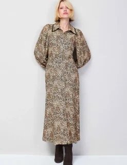 Leopard Print Collared Midaxi Shirt Dress