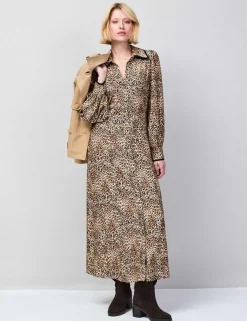 Leopard Print Collared Midaxi Shirt Dress