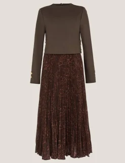 Leopard Print Combi Pleated Midi Dress
