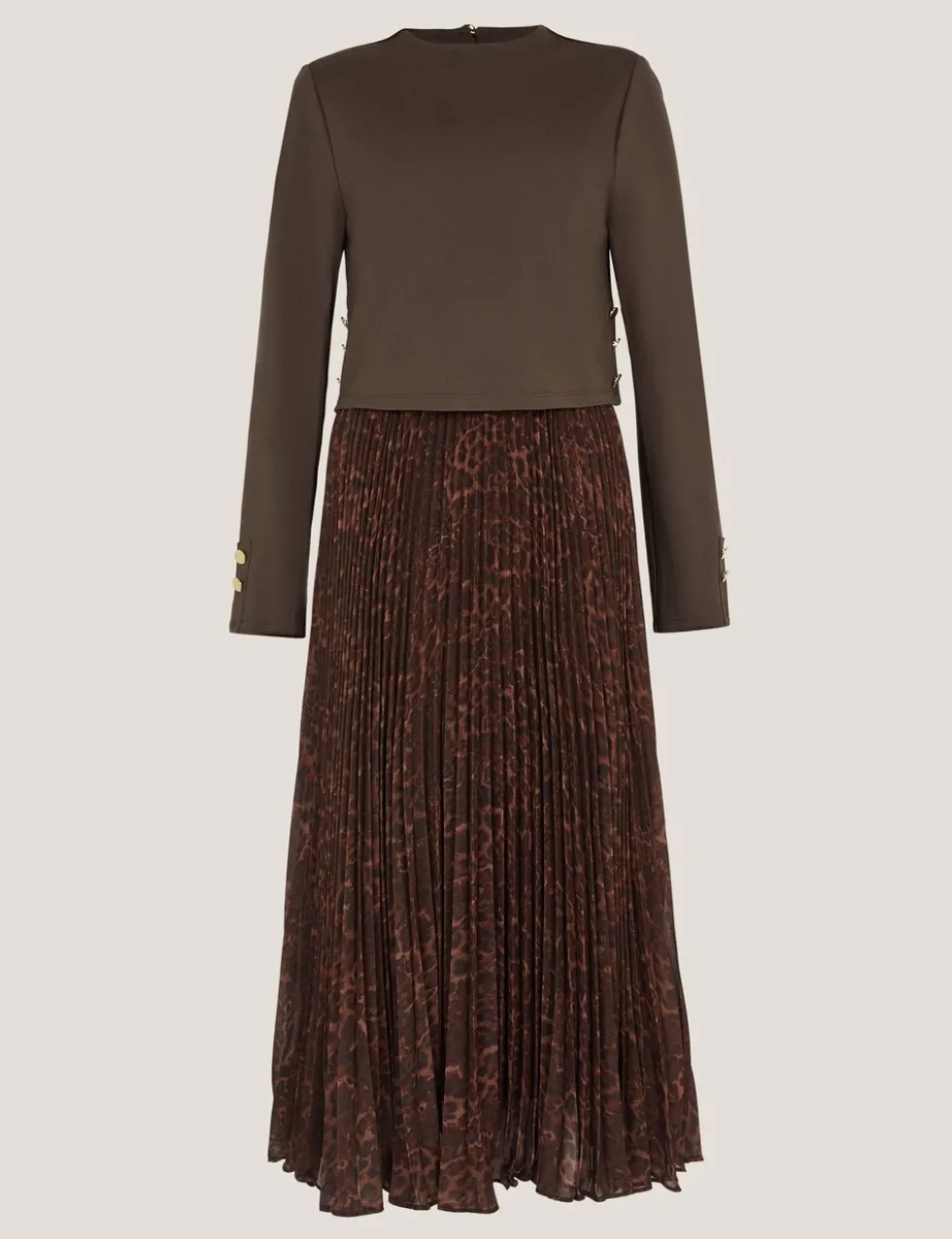 Leopard Print Combi Pleated Midi Dress
