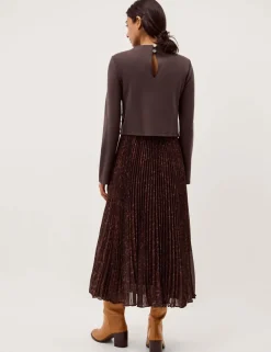 Leopard Print Combi Pleated Midi Dress