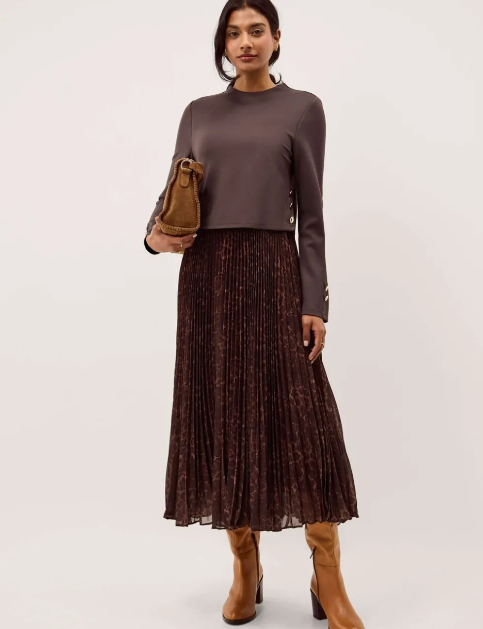 Leopard Print Combi Pleated Midi Dress