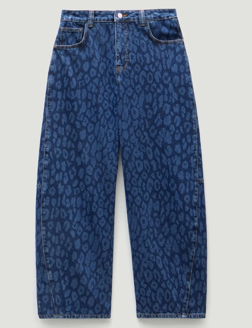 Leopard Print Mid Rise Barrel Leg Jeans