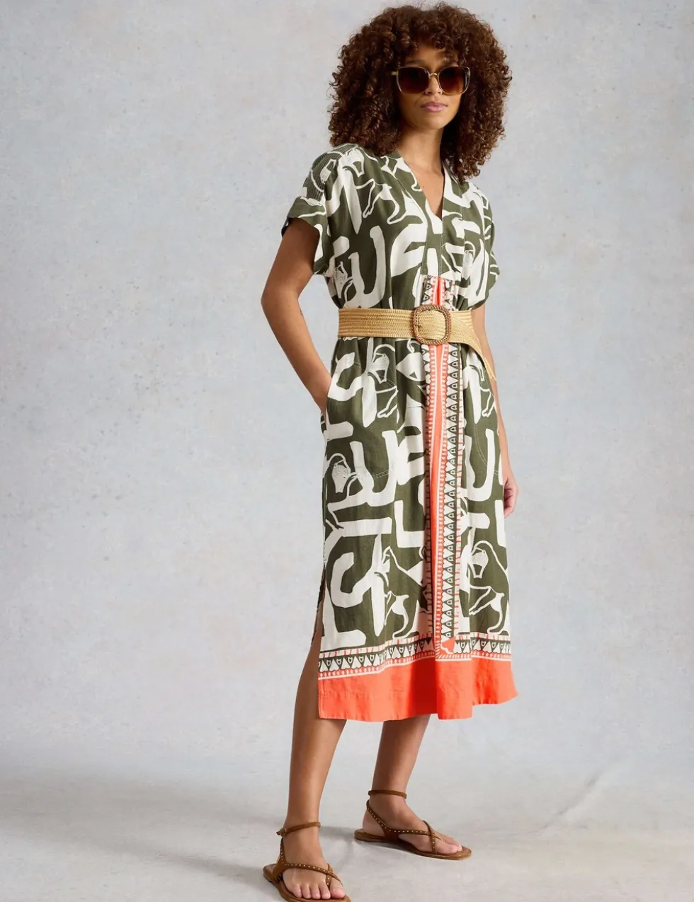 Linen Blend Abstract Midi Utility Dress