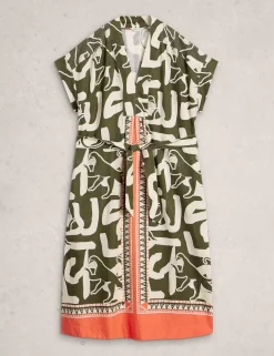 Linen Blend Abstract Midi Utility Dress