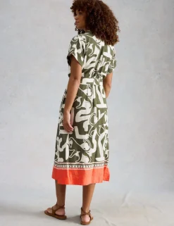 Linen Blend Abstract Midi Utility Dress