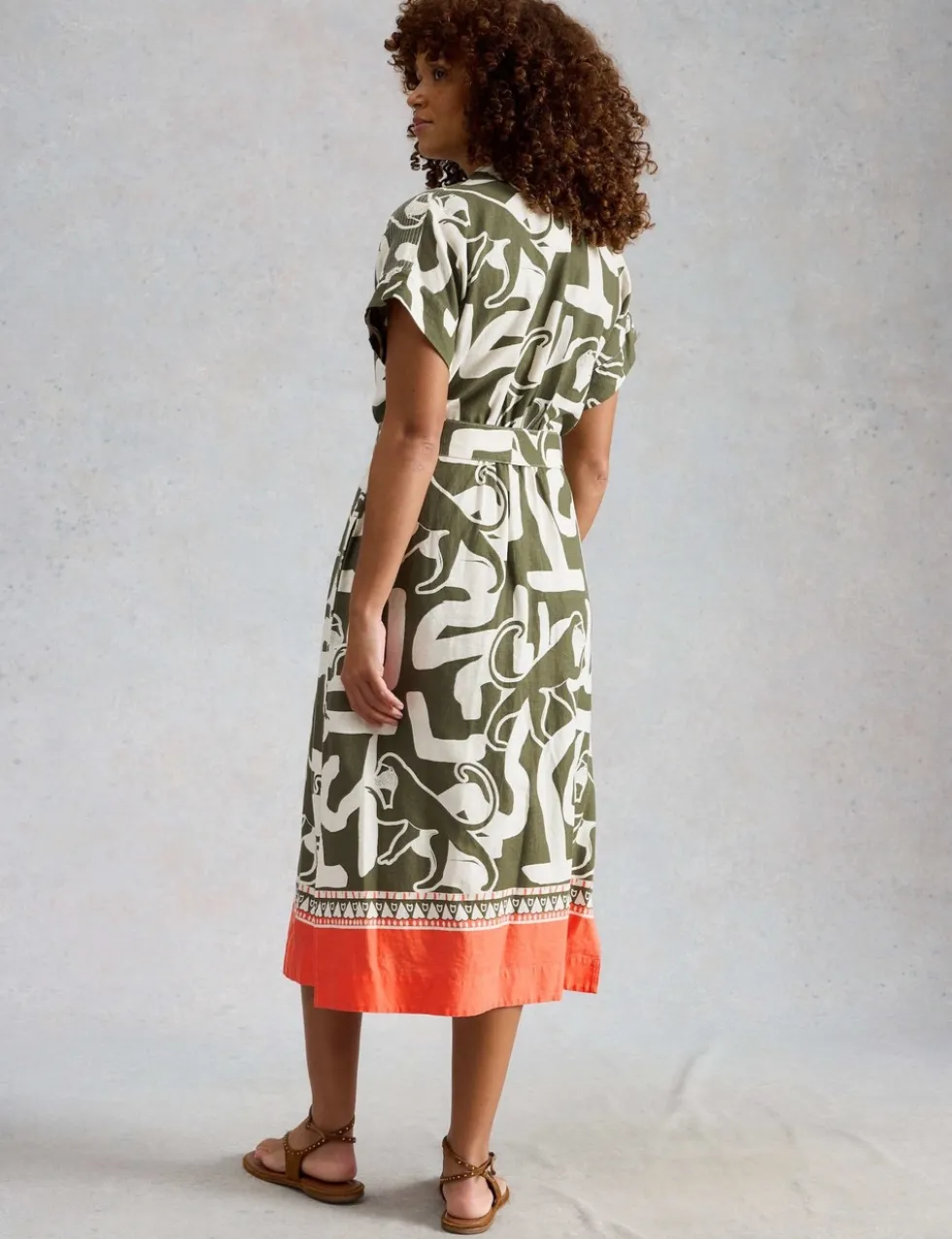 Linen Blend Abstract Midi Utility Dress