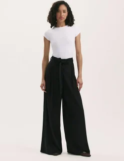 Linen Blend Belted Wide Leg Trousers