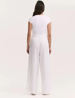 Linen Blend Belted Wide Leg Trousers