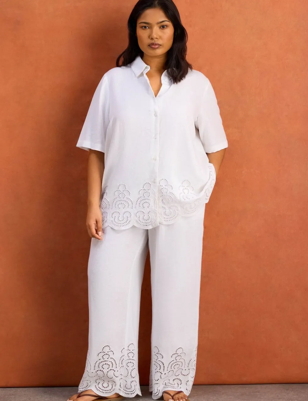 Linen Blend Broderie Button Through Shirt