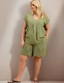 Linen Blend Broderie High Waisted Shorts
