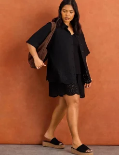 Linen Blend Broderie High Waisted Shorts