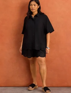 Linen Blend Broderie High Waisted Shorts