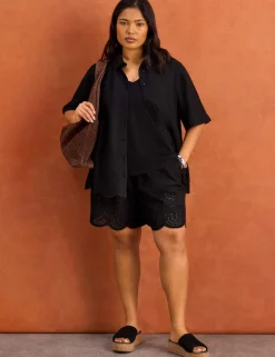 Linen Blend Broderie High Waisted Shorts
