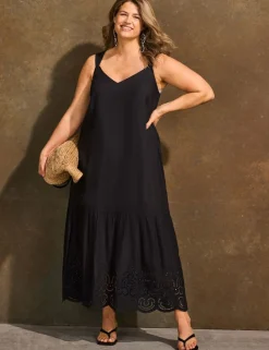 Linen Blend Broderie Maxi Swing Dress