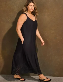 Linen Blend Broderie Maxi Swing Dress