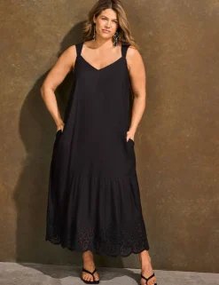 Linen Blend Broderie Maxi Swing Dress