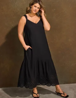 Linen Blend Broderie Maxi Swing Dress