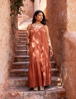 Linen Blend Broderie V-Neck Maxi Dress