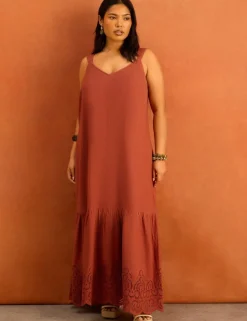 Linen Blend Broderie V-Neck Maxi Dress
