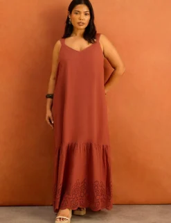 Linen Blend Broderie V-Neck Maxi Dress