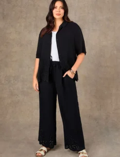 Linen Blend Broderie Wide Leg Trousers