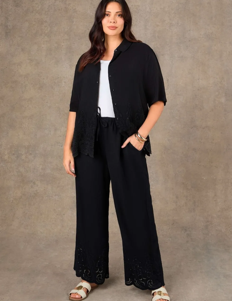 Linen Blend Broderie Wide Leg Trousers