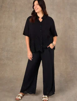 Linen Blend Broderie Wide Leg Trousers