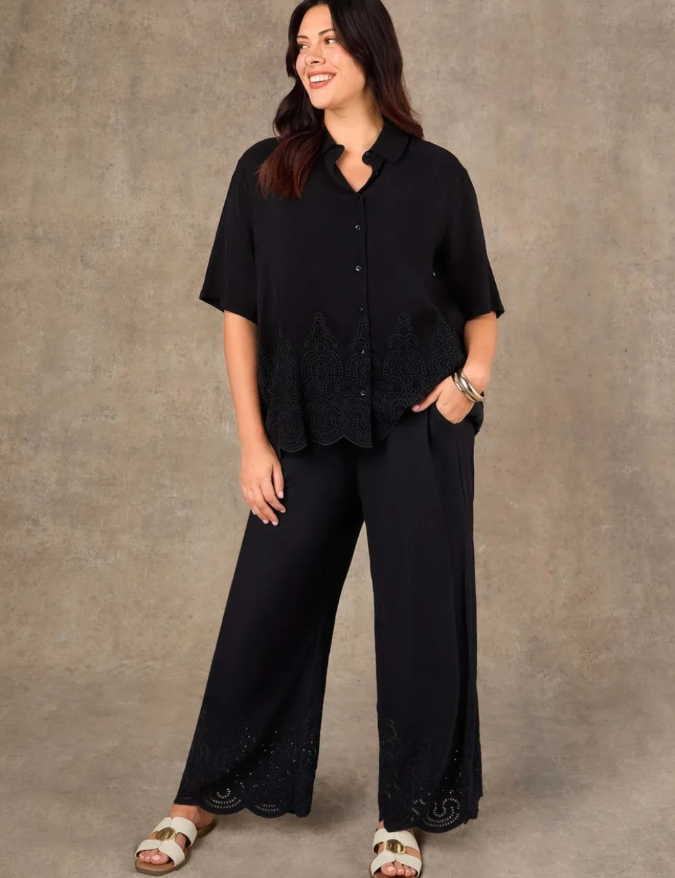 Linen Blend Broderie Wide Leg Trousers