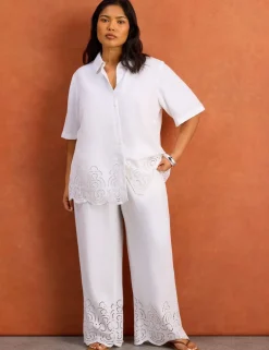 Linen Blend Broderie Wide Leg Trousers