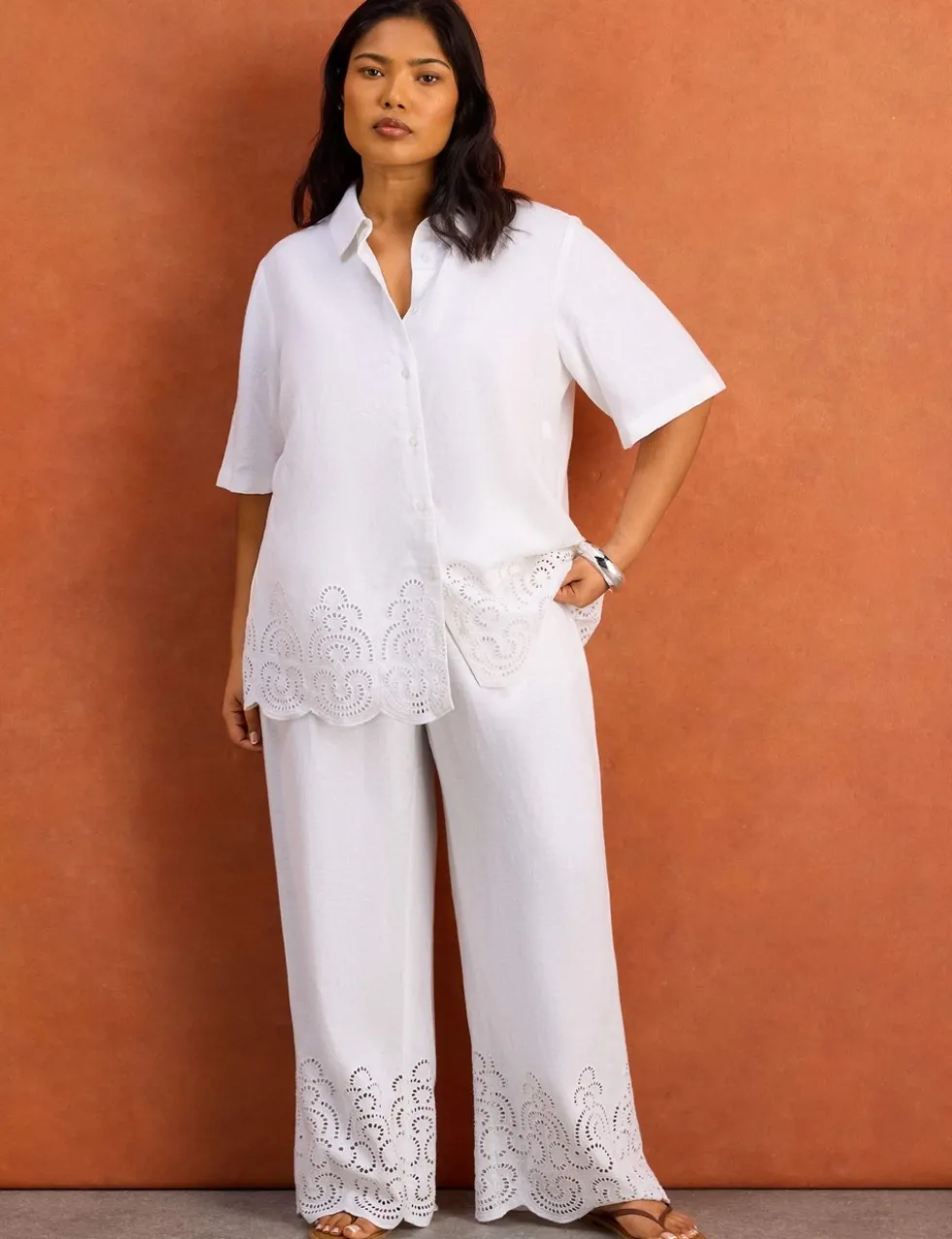 Linen Blend Broderie Wide Leg Trousers