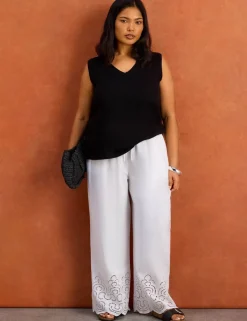 Linen Blend Broderie Wide Leg Trousers