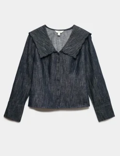 Linen Blend Denim Scallop Collar Shirt