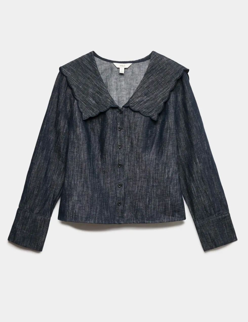 Linen Blend Denim Scallop Collar Shirt