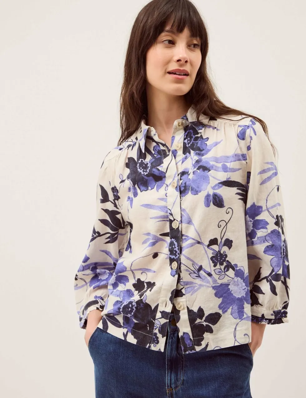Linen Blend Floral Collared Shirt