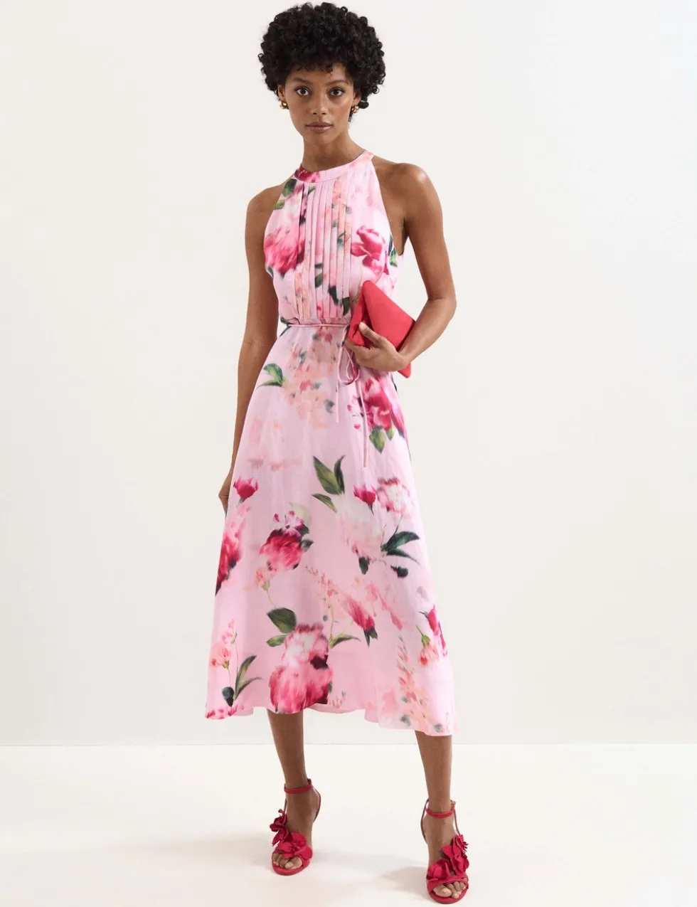 Linen Blend Floral Halter Neck Midi Dress