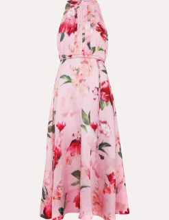 Linen Blend Floral Halter Neck Midi Dress