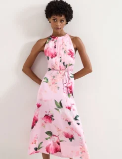 Linen Blend Floral Halter Neck Midi Dress