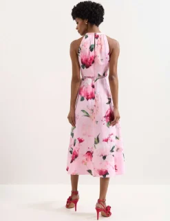 Linen Blend Floral Halter Neck Midi Dress