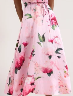Linen Blend Floral Halter Neck Midi Dress