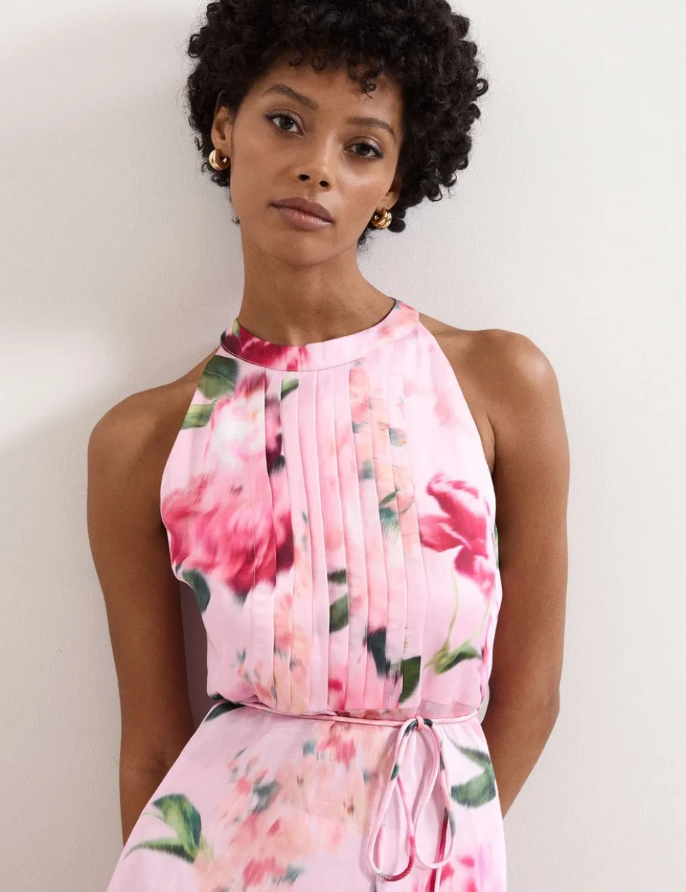 Linen Blend Floral Halter Neck Midi Dress
