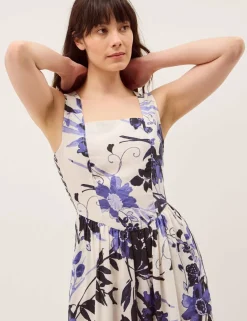 Linen Blend Floral Midi Skater Dress