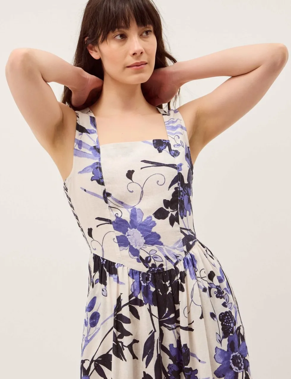 Linen Blend Floral Midi Skater Dress