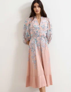 Linen Blend Floral Midi Skater Dress