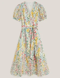 Linen Blend Floral Midi Tea Dress