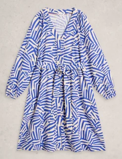 Linen Blend Geometric Mini Shirt Dress