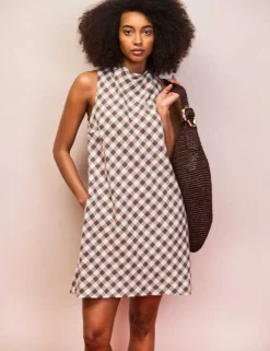 Linen Blend Gingham Cowl Neck Mini Shift Dress